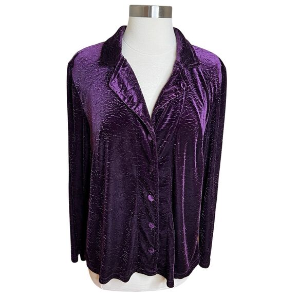 Coldwater Creek Top Womens Medium Purple Crushed Velvet Textured Button Down - Picture 1 of 8